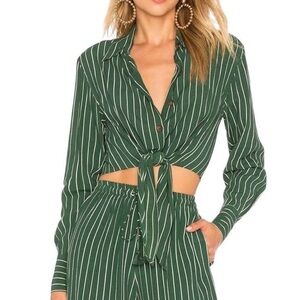 Faithfull The Brand Forest Green Striped Button-Down cropped tie blouse